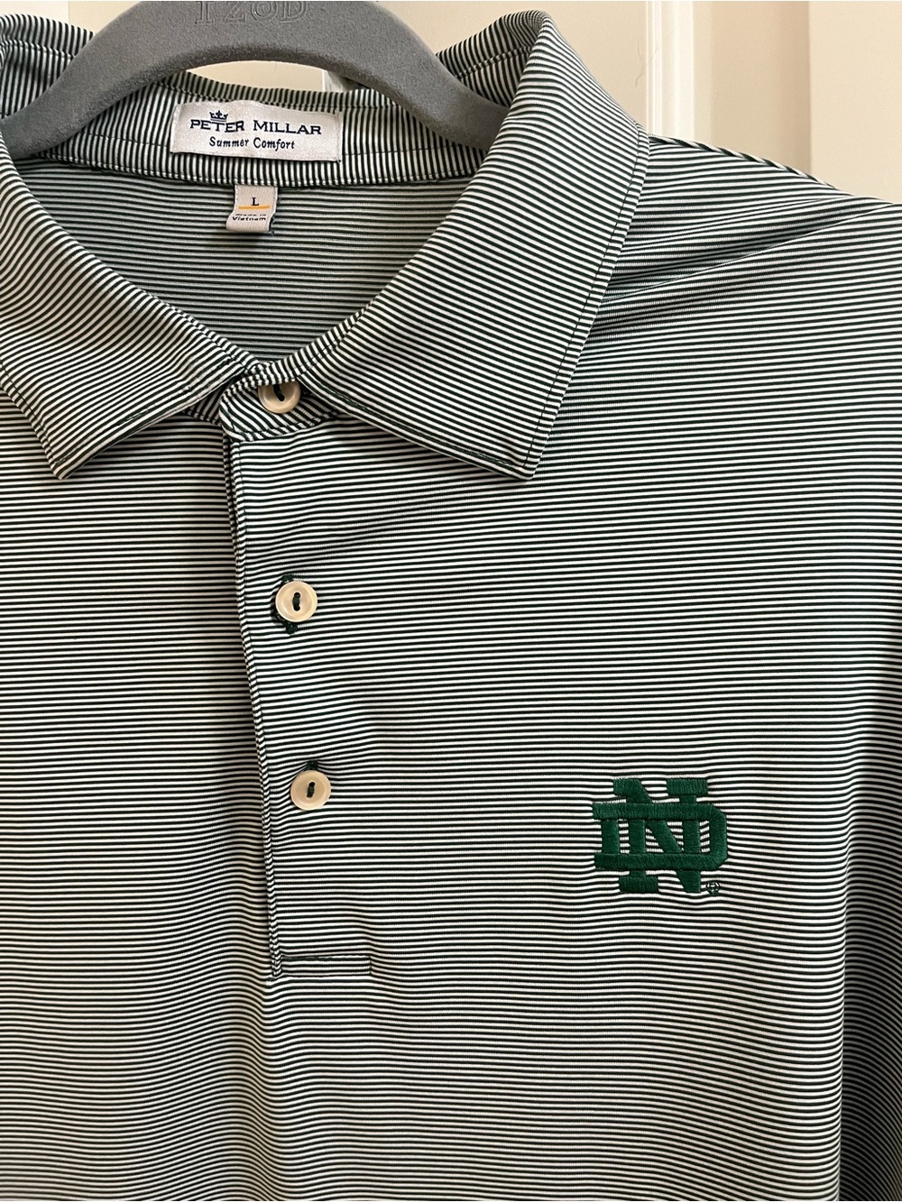 Peter Millar Green and White Striped Polo with ND Embroidery